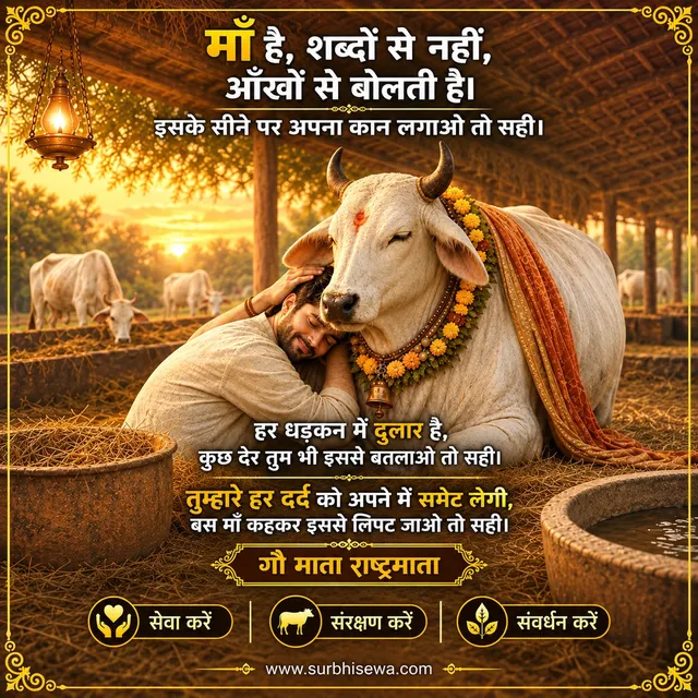 गोशाला में गौ माता को गले लगाता युवक: माँ है, शब्दों से नहीं, आँखों से बोलती है।