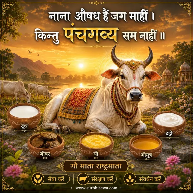 बैठी गाय के सामने दूध, दही, घी, गोमूत्र, गोबर के कटोरे: नाना औषध हैं जग माहीं।
