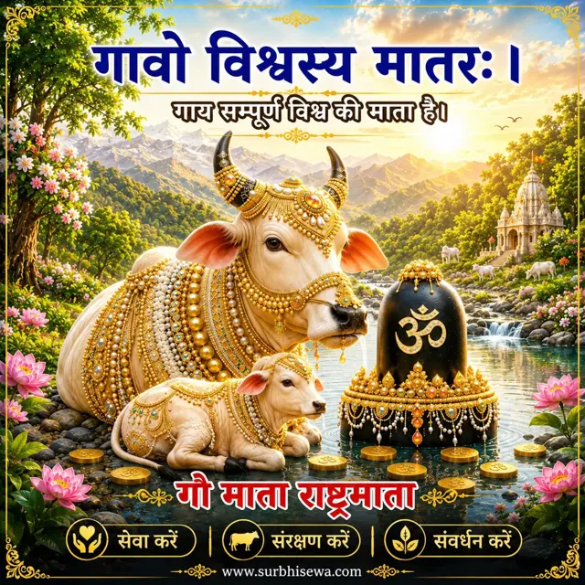 शिवलिंग के पास सजी गाय और बछड़ा: गावो विश्वस्य मातरः।
